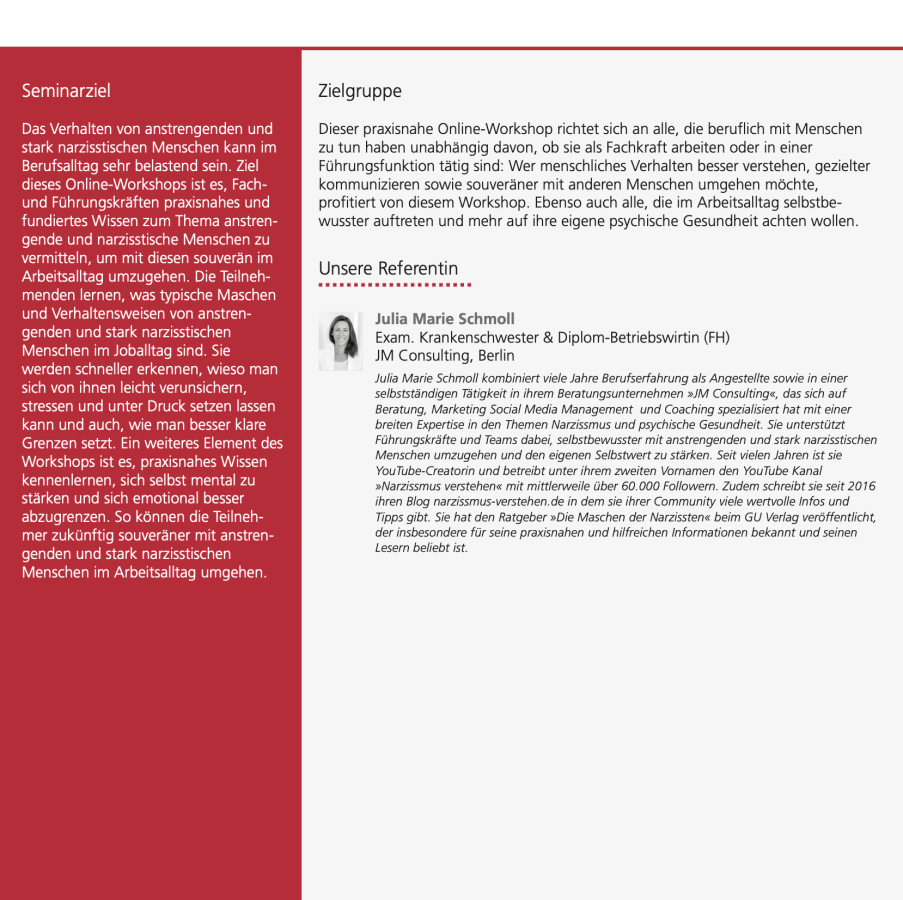 Online Seminar Narzissmus Ziele